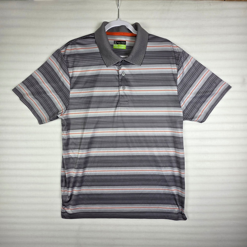 PGA Tour Pro Series Men XL Gray Orange Striped Polo Shirt Preppy Sporty Athletic